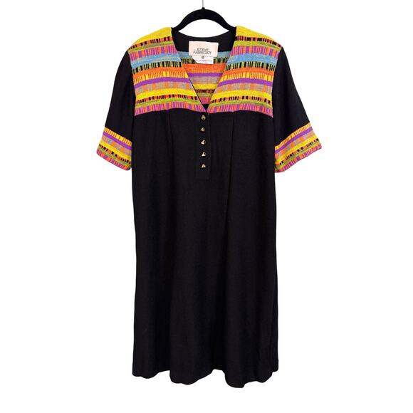 Vintage 80s Steve Fabrikant Sweater Dress L Black Colorful Wool V-Neck Midi USA - Picture 1 of 8